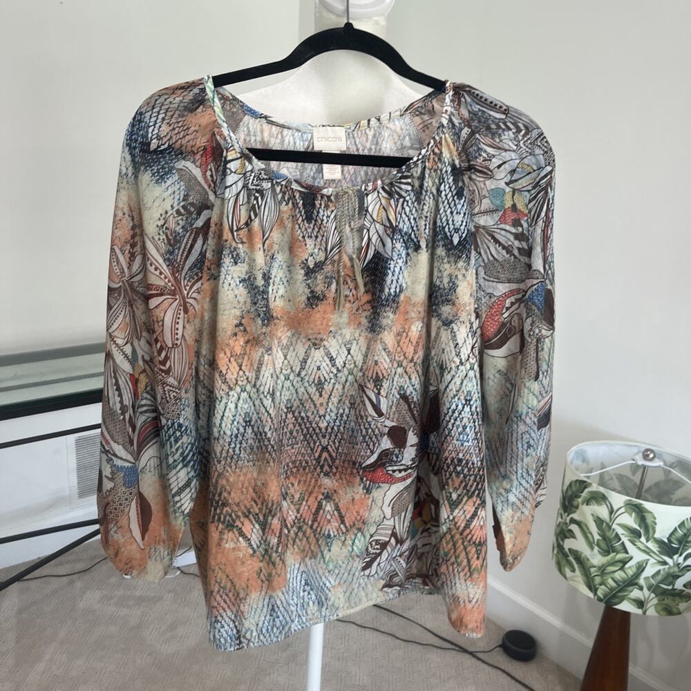 Chicos Large Chiffon Peasant Blouse Nature Balloon Sleeves Brown Sz 2 Comfort